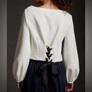Anthropologie Maeve Tie Back Ponte Pullover Cream Black Ribbon Balloon Sleeves